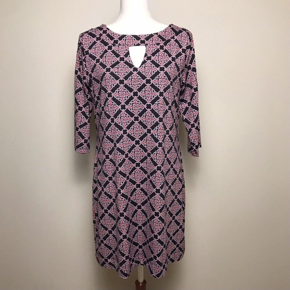 Lulu-B Black Dress with Pink Geometric Print and Keyhole Neck